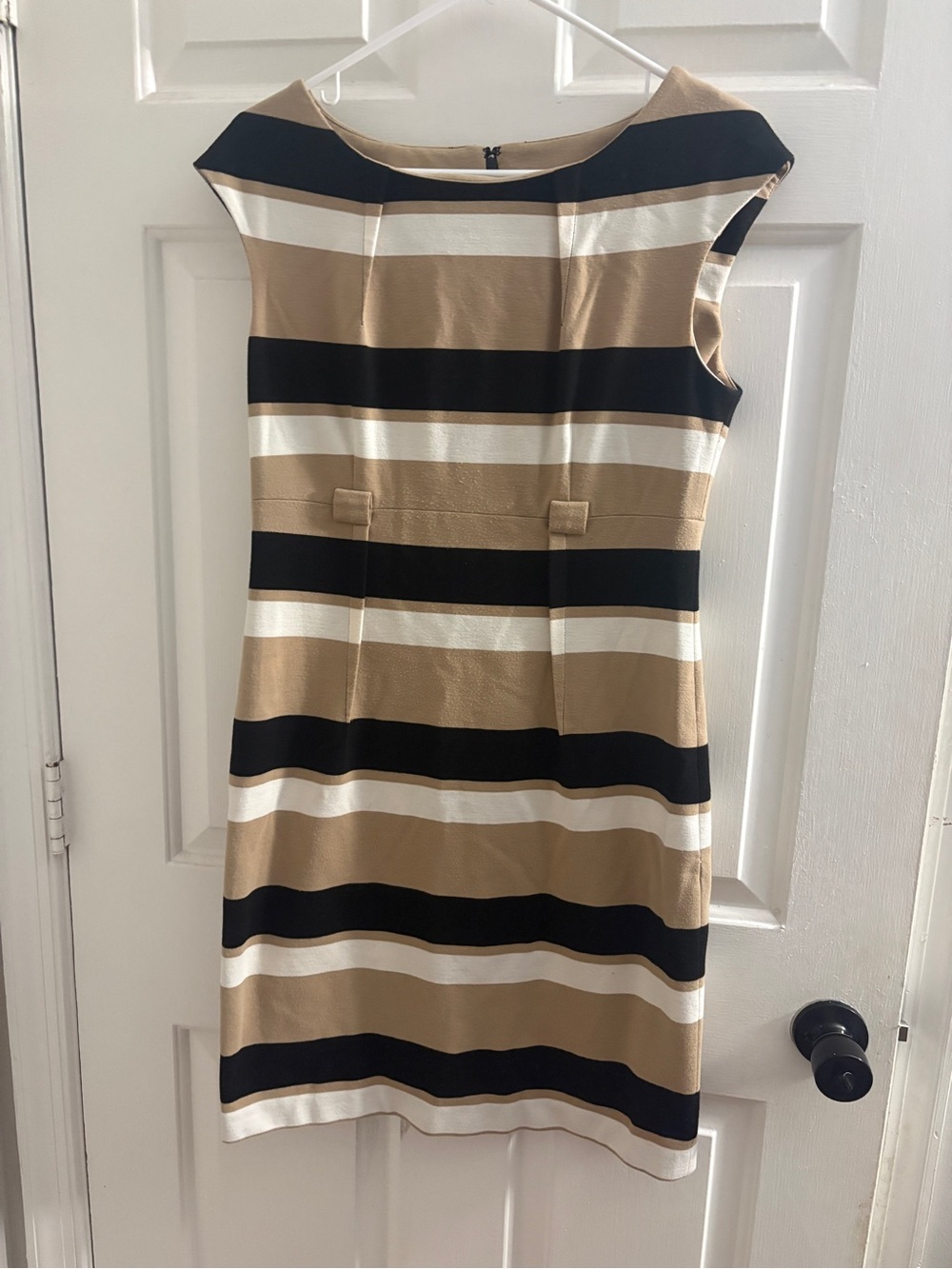 Calvin Klein Tan, Black & White Striped Midi Sheath Dress